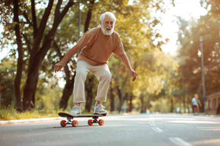 happy elderly man skateboarding in summer parkの素材