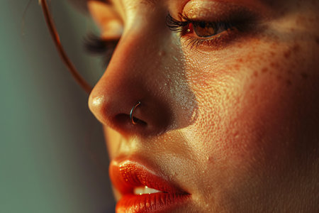 close up of beautiful woman with piercing in noseの素材
