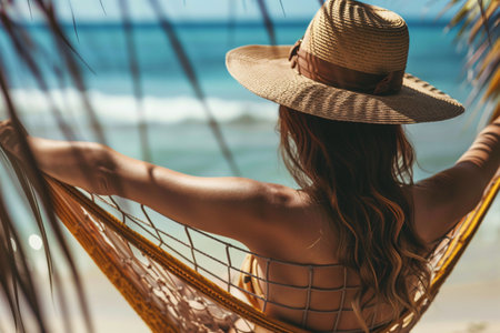 back view of woman in hammock on the tropical beachの素材