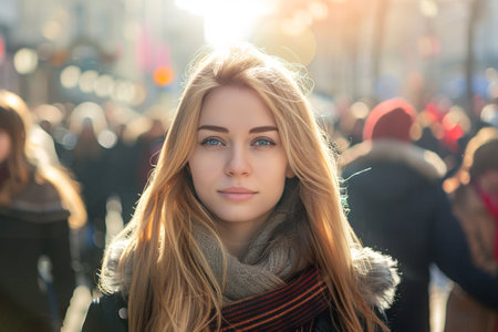 portrait of young blonde woman walking on the street in the crowdの素材