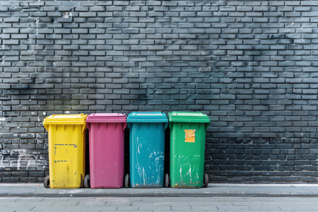 multicolored trash bins over brick wall background with copy spaceの素材
