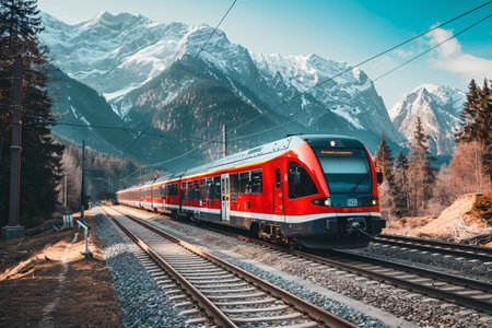 modern red train on the railroad with beautiful mountain viewの素材