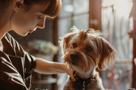 young woman groomer working with cute yorkshire terrier dogの素材