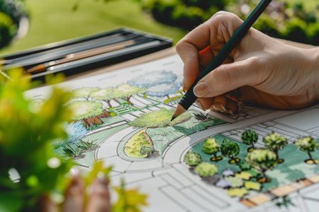 Female hand with pencil drawing landscape architect with copyspaceの素材