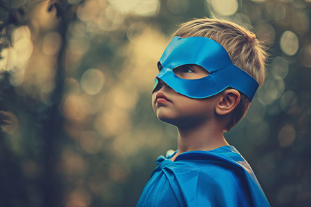 Little boy in blue superman mask and blue cloak outsideの素材