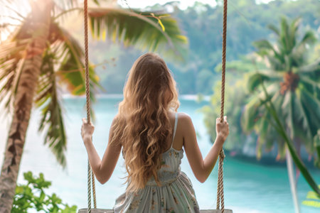 Back of woman in dress enjoying on swing with tropical viewの素材