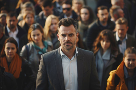 handsome businessman walking in the crowd on the city streetの素材