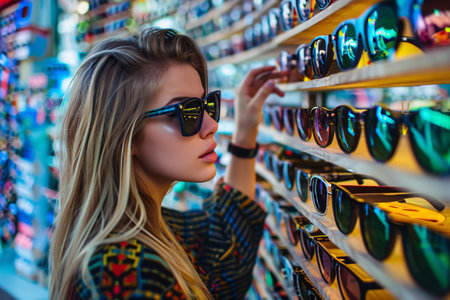 beautiful woman choosing and trying sunglasses in the optometry shopの素材