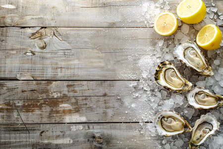 top view of fresh oysters on ice over wooden table background with copy spaceの素材