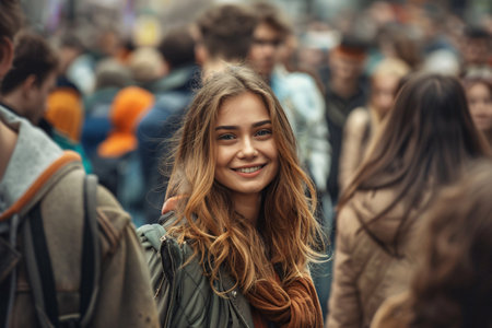 portrait of young beautiful woman walking in the crowd on the city streetの素材