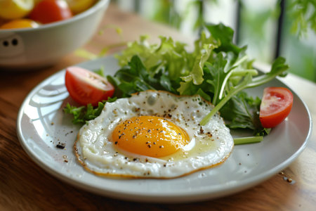 Frying eggs on plate with green salad on tableの素材