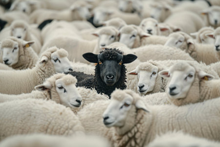 diversity and difference concept, cute black sheep in flock of white sheepsの素材