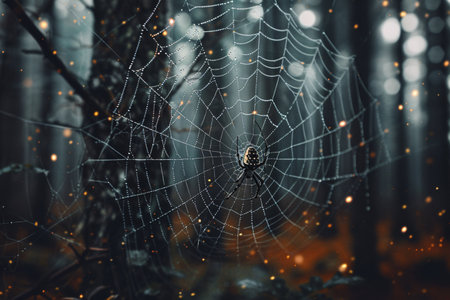 Spider on the silk web in the dark forestの素材