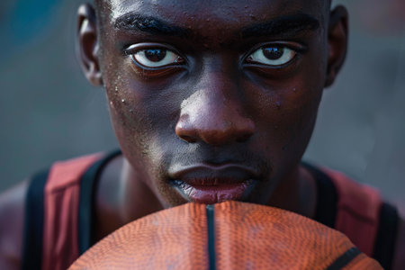 portrait of african man holding basketball on the city streetの素材