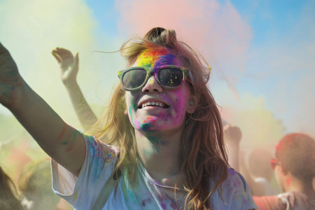 portrait of happy woman on the festival of colors holiの素材