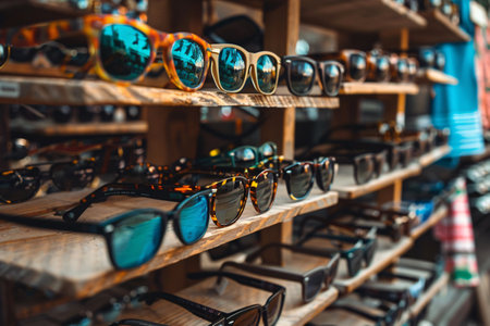 close up of wooden sunglasses on shelves in the shopの素材