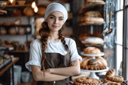 beautiful woman baker working in cozy bakery shopの素材