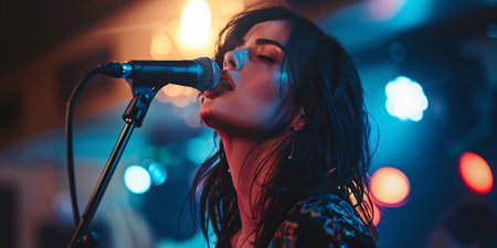 young beautiful woman singing on the stageの素材