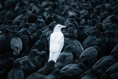 diversity and difference concept, beautiful white raven in flock of black crowsの素材