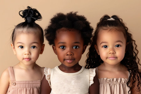 diversity, childhood and friendship concept, portrait of cute little girls over beige backgroundの素材