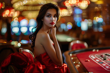 portrait of young beautiful woman in red dress playing in casinoの素材