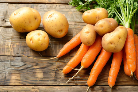 top view of fresh carrots and potatoes on the wooden table background with copy spaceの素材