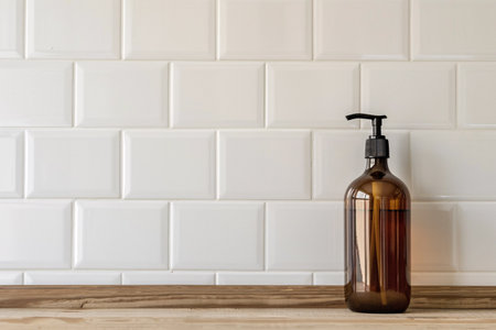 Brown bottle of wet soap over tiled wall backgroundの素材