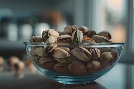 pistachios nuts in the glass bowl with copy spaceの素材