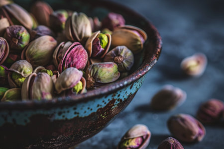Delicious pistachios nuts in the bowl with copy spaceの素材