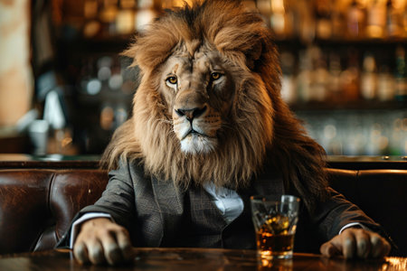 Lion in business suit drinking whiskey in the pubの素材