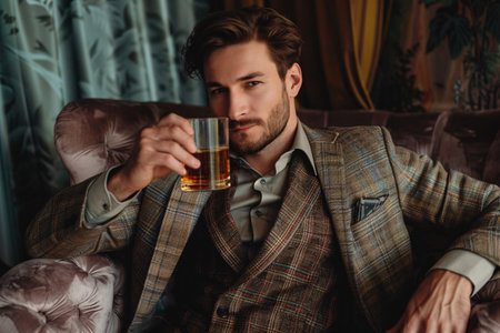 Handsome man drinking whiskey on velvet sofaの素材