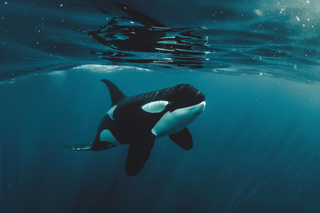 Black and white killer whale in blue oceanの素材