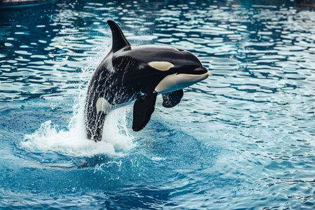 Beautiful killer whale jumping in blue seaの素材