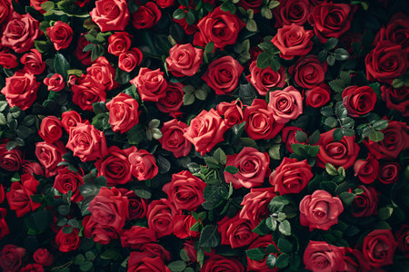 Top view of red rose flowers bouquet background with copy spaceの素材
