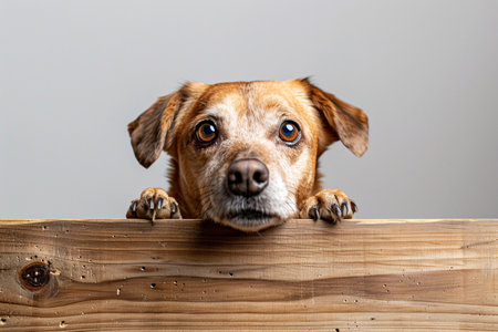 cute dog behind a wooden fence over gray backgroundの素材