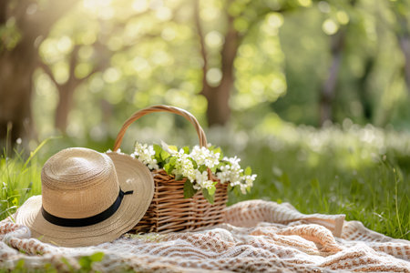 Blanket, basket with flowers and hat on green grassの素材