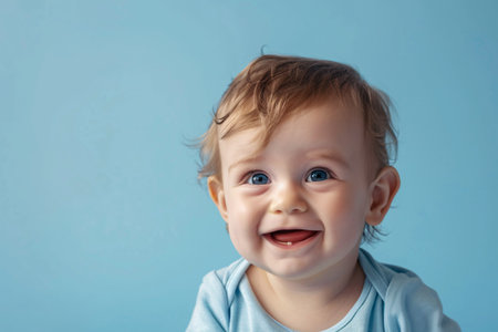 Cheerful cute baby boy smiling with one tooth over blue background with copy spaceの素材