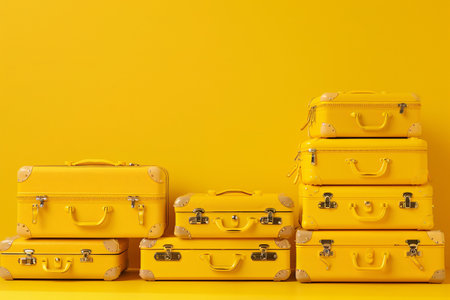 travel and vacation concept background - yellow suitcases of different sizes isolated on yellow background with copy spaceの素材