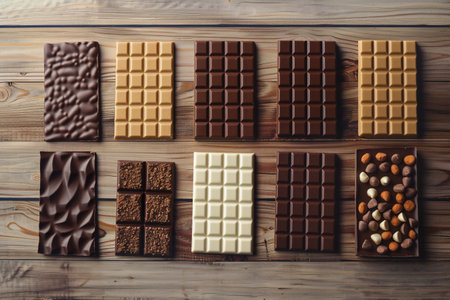 Top view of different chocolate bars on wooden backgroundの素材