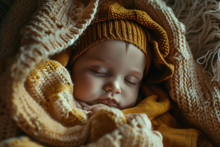 Cute baby sleeping under beige knitted blanketの素材