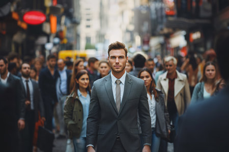 young handsome businessman walking in the crowd on the city streetの素材