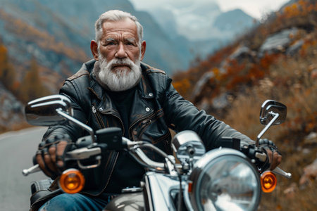 Senior man on chopper in black jacket rides on motocycle in mountainsの素材