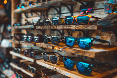 close up of sunglasses on wooden shelves in the beach shopの素材