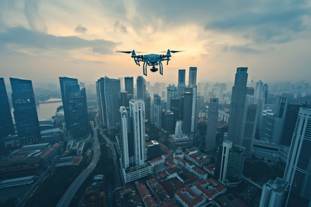 drone with camera shooting photo or video in modern city with skyscrappersの素材