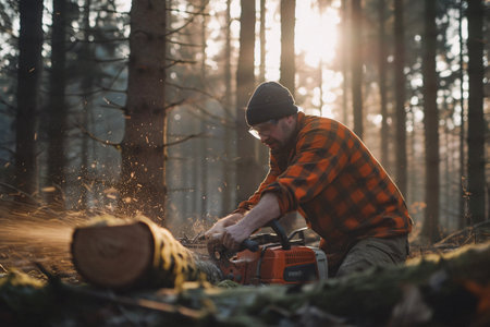 male worker working with chainsaw in the sunset forestの素材