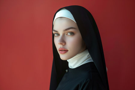young beautiful woman nun in black clothes with copy space on redの素材