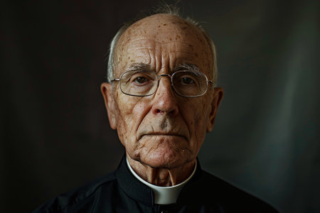 Old man catholic priest in glasses on dark backgroundの素材