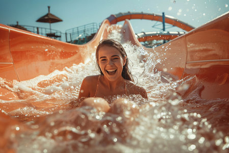 Attractive woman rides down a red slide in water parkの素材