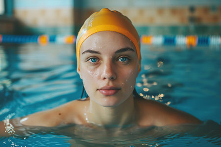 Portrait of young beautiful woman in cap in blue swimming poolの素材