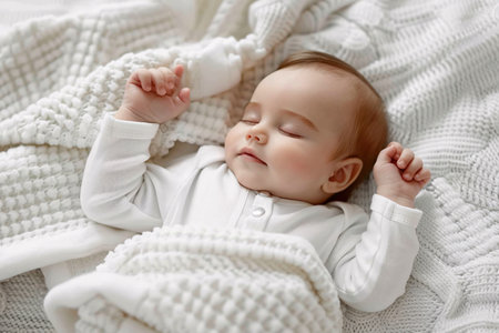 Top view of baby sleeping on white knitted blanketの素材